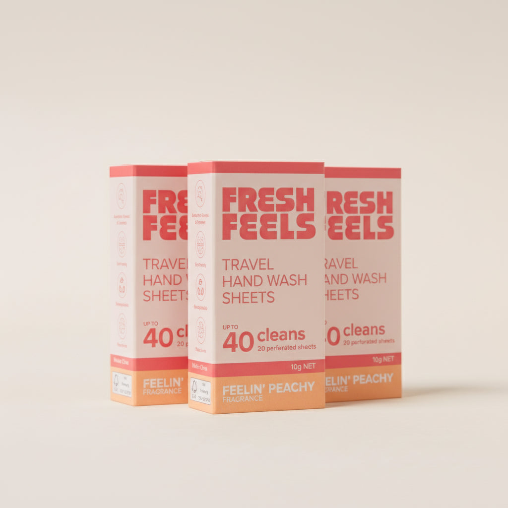 Fresh Feels Feelin' Peachy Travel Hand Wash Sheets 3 Pack, antibacterial carry-on safe hand wash sheets with a fresh peach scent