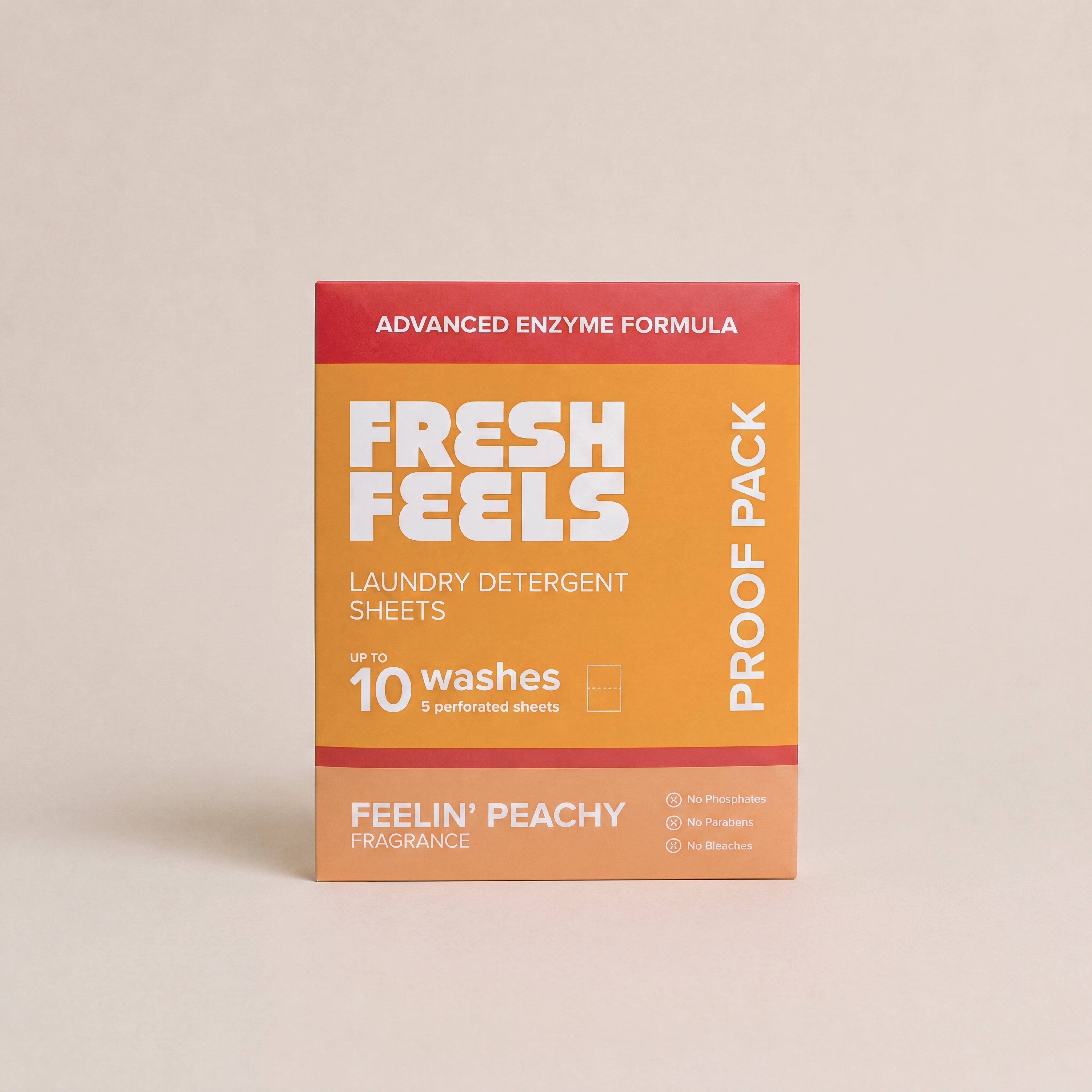 Front of Fresh Feels Feelin' Peachy Laundry Detergent Sheets Proof Pack, Advanced Enzyme Formula, up to 10 washes from 5 perforated sheets