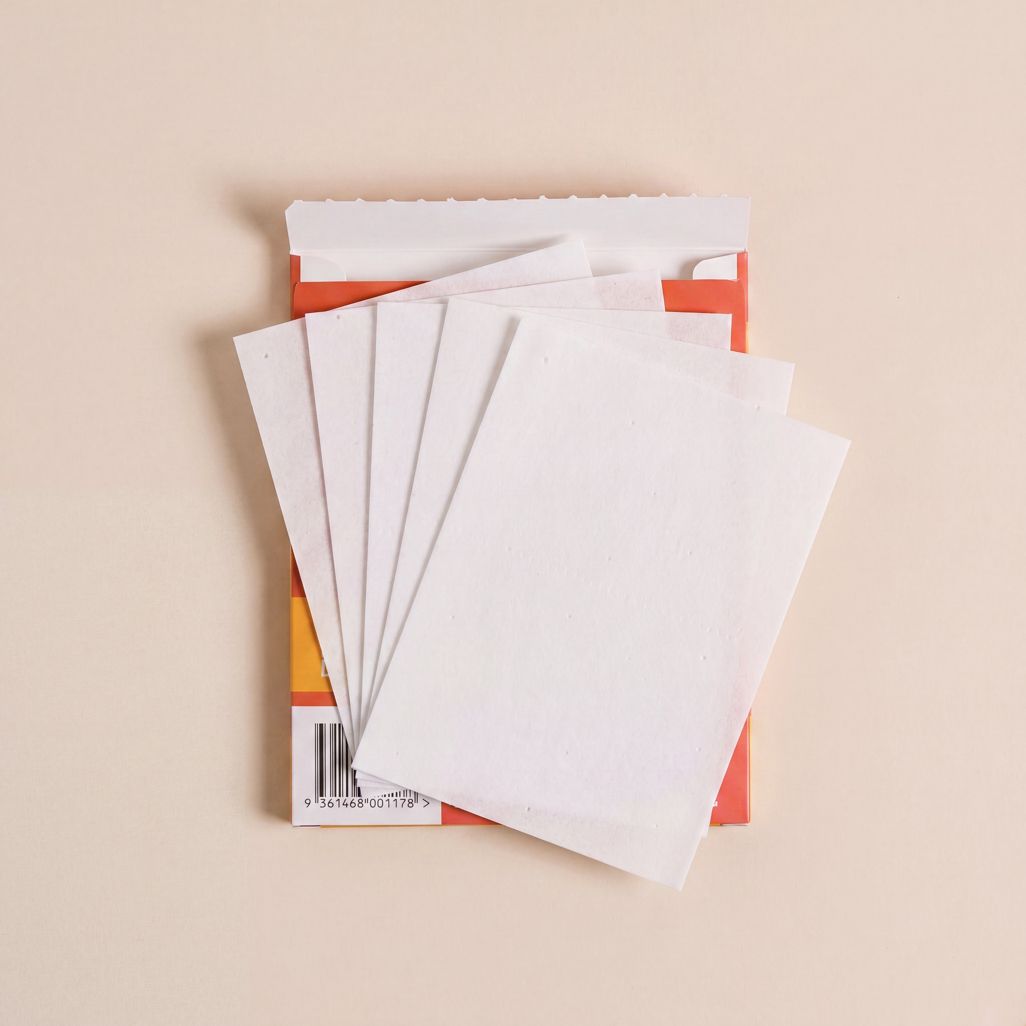 Fresh Feels Feelin' Peachy Laundry Detergent Sheets Proof Pack opened, showing 5 perforated sheets fanned out from the packaging