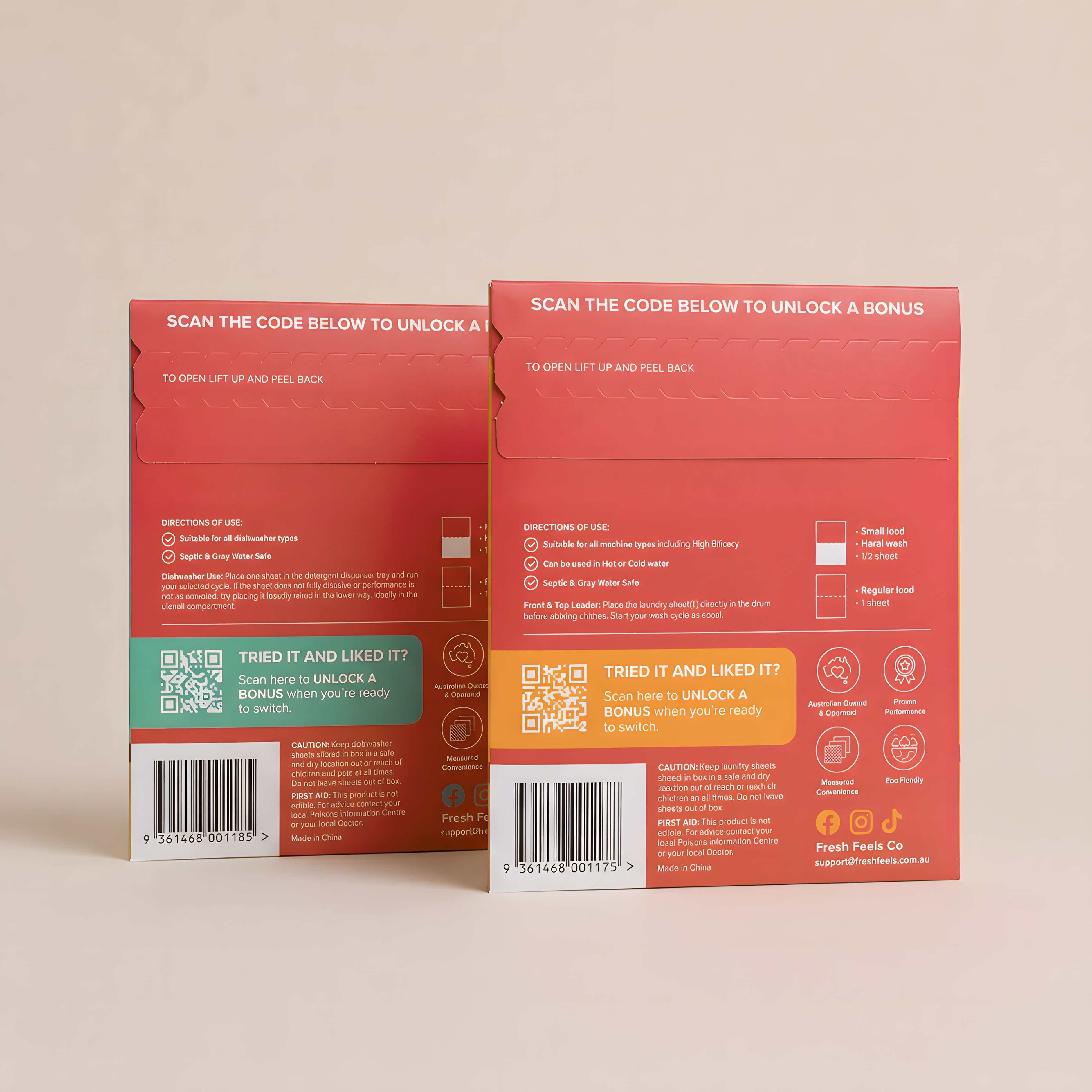 Backs of both Fresh Feels Proof Packs side by side, showing QR code to unlock a bonus offer when you are ready to switch