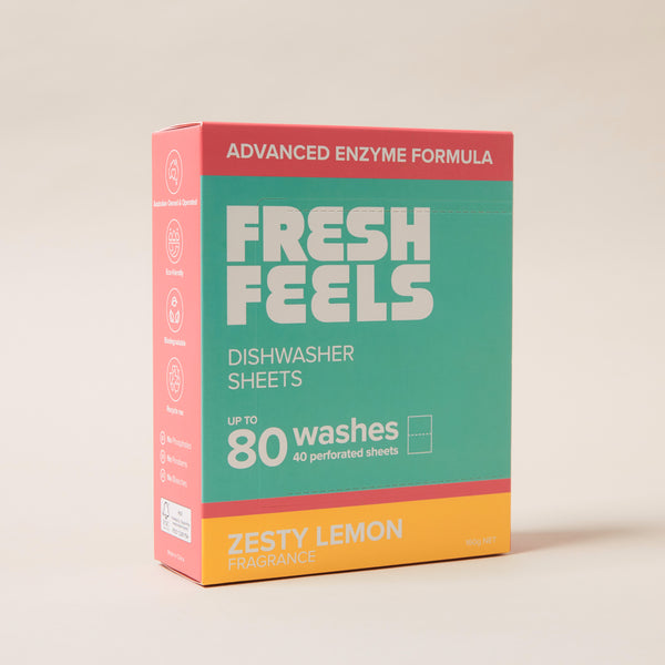 Fresh Feels Zesty Lemon Dishwasher Sheets, plastic-free box delivering up to 80 dishwasher loads with no rinse aid