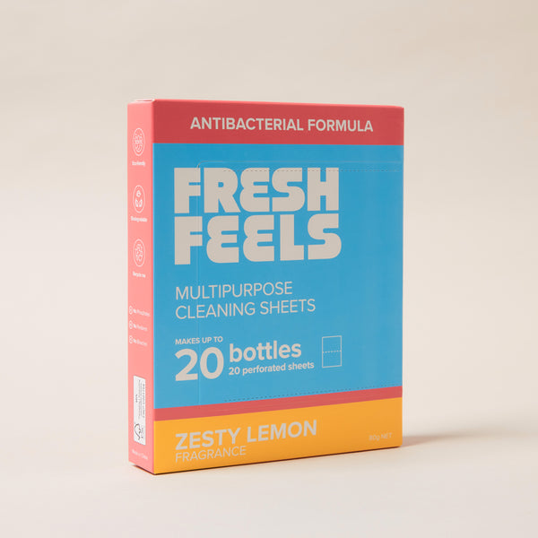 Fresh Feels Zesty Lemon Multipurpose Cleaning Sheets, one sheet makes a 500ml all-surface spray