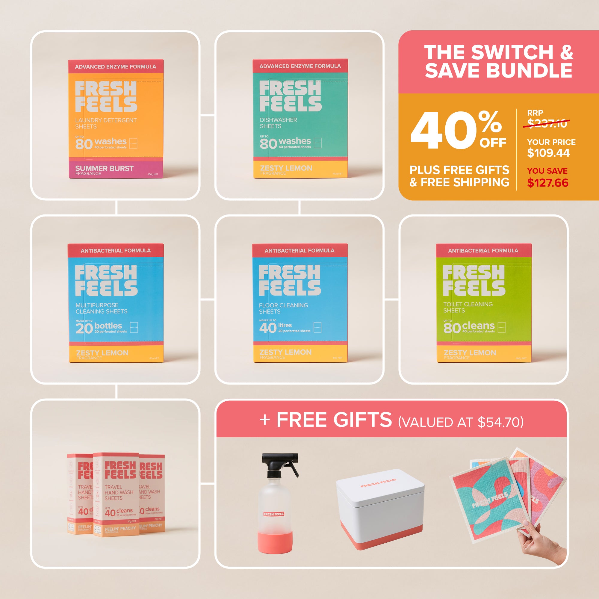 Fresh Feels Switch and Save Bundle with Summer Burst Laundry Sheets, Zesty Lemon Dishwasher, Multipurpose, Floor and Toilet Cleaning Sheets, Feelin' Peachy Travel Hand Wash Sheets and free accessories