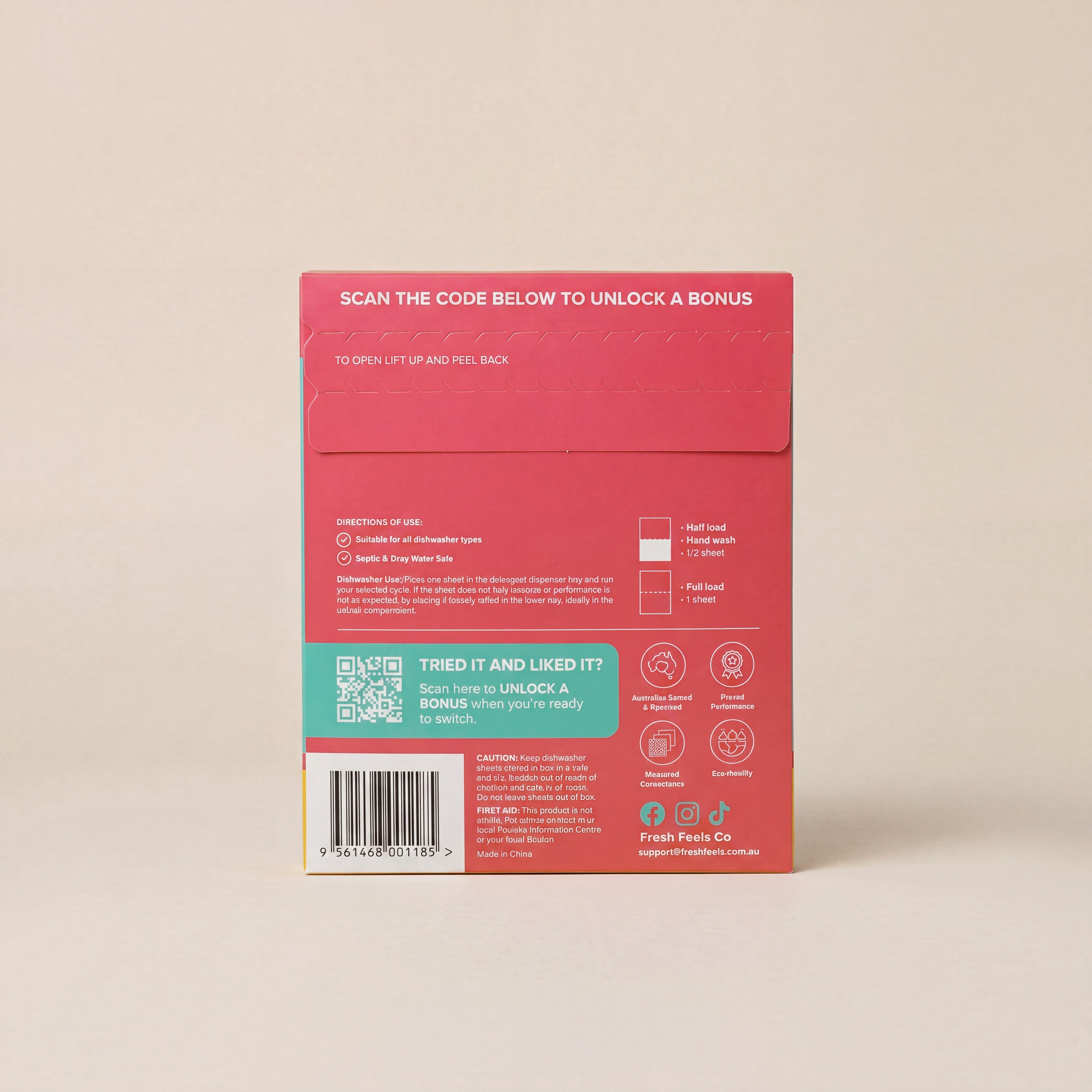 Back of Fresh Feels Zesty Lemon Dishwasher Sheets Proof Pack with directions of use, ingredients, and QR code to unlock a bonus offer