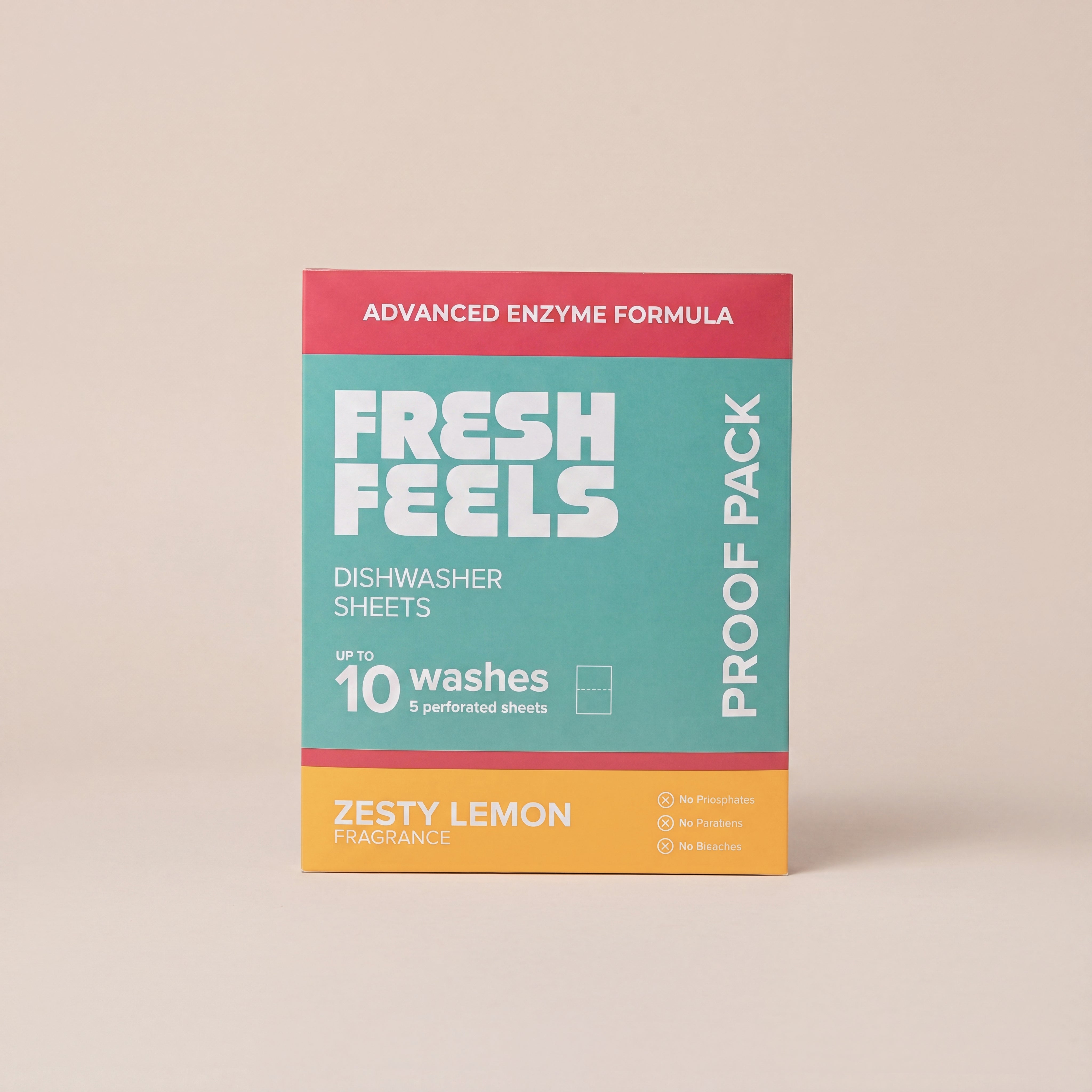 Front of Fresh Feels Zesty Lemon Dishwasher Sheets Proof Pack, Advanced Enzyme Formula, up to 10 washes from 5 perforated sheets