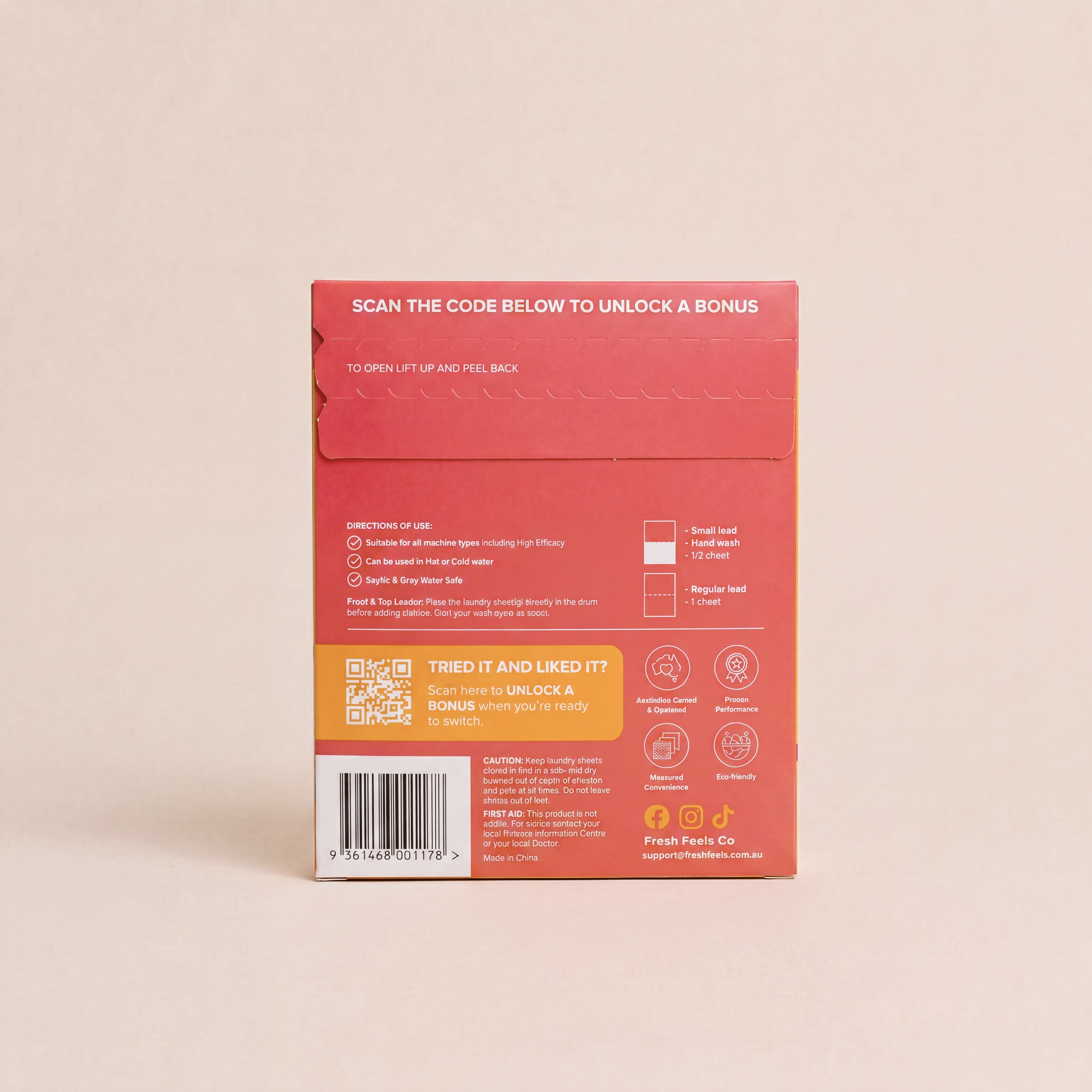 Back of Fresh Feels Feelin' Peachy Laundry Detergent Sheets Proof Pack with directions of use, ingredients, and QR code to unlock a bonus offer